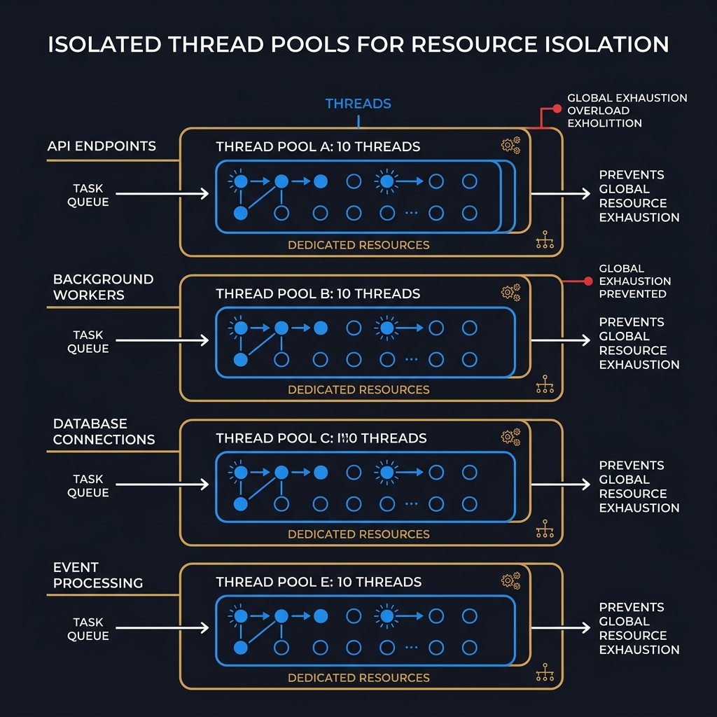 A partition diagram showing isolated thread pools dedicated to separate backend service calls preventing resource contamination.