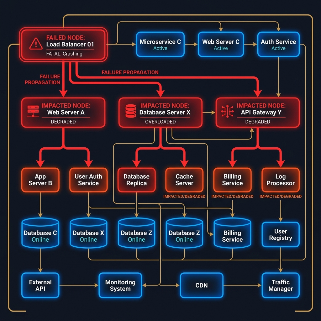 A systems model showing a single service node failure propagating across downstream dependency pathways with glowing blue failure vectors.