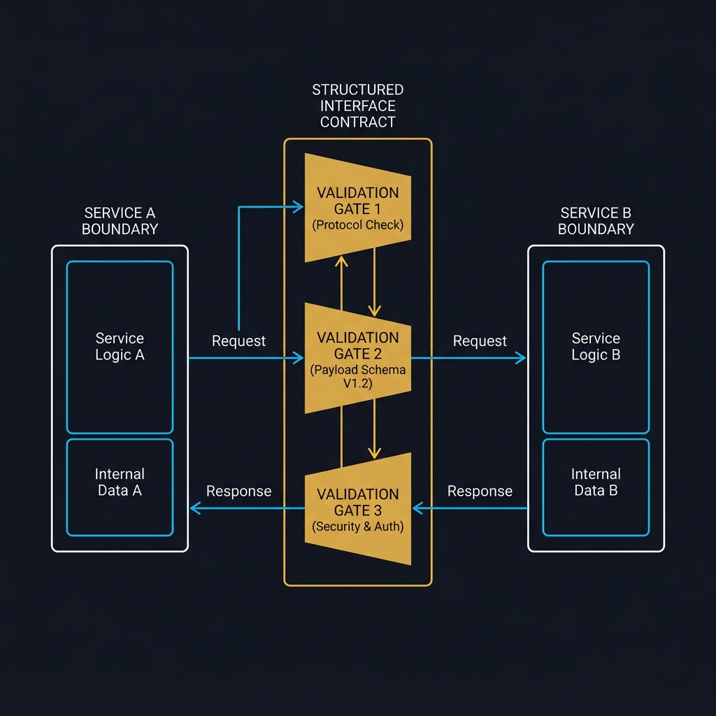 A design diagram illustrating explicit boundary inputs and outputs between two service layers with contract validation gates.