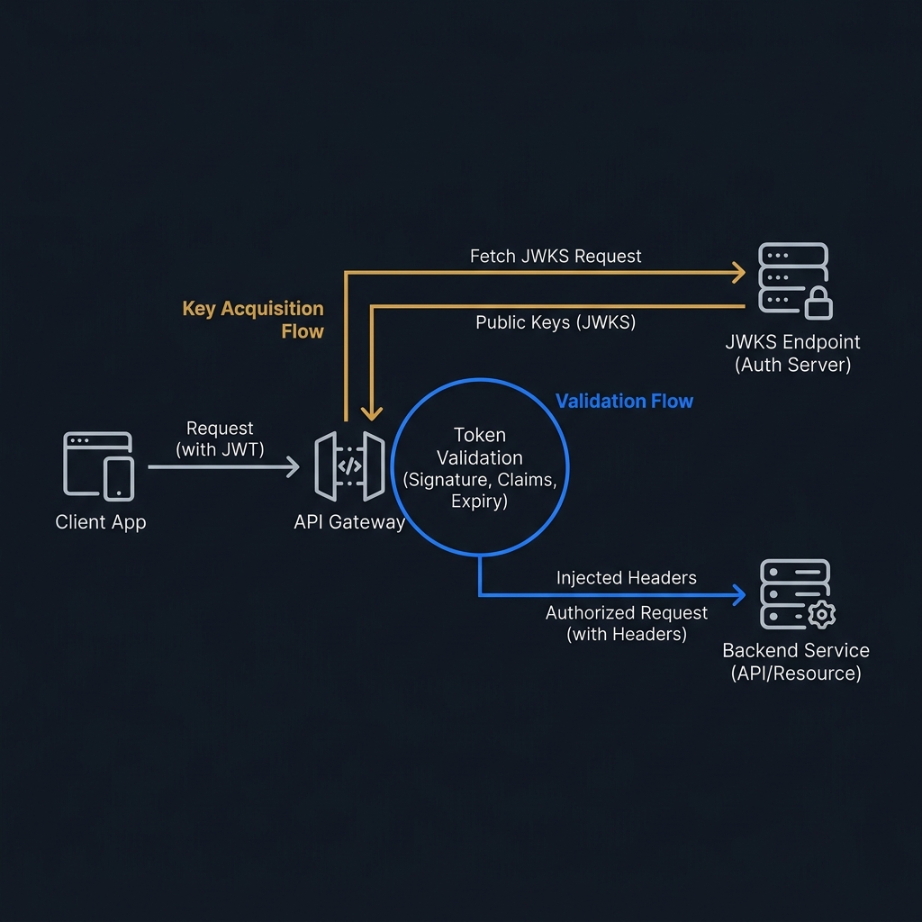 A network boundary diagram showing token extraction, JWKS signature verification, and downstream user-context header injection.