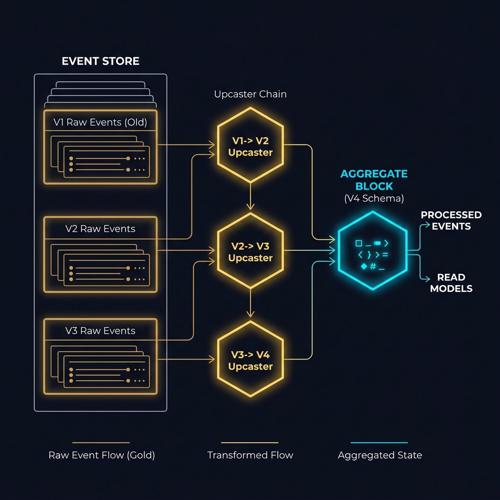 A software pipeline mapping old event structures being read from an event store and converted into newer classes before being loaded by the aggregate.