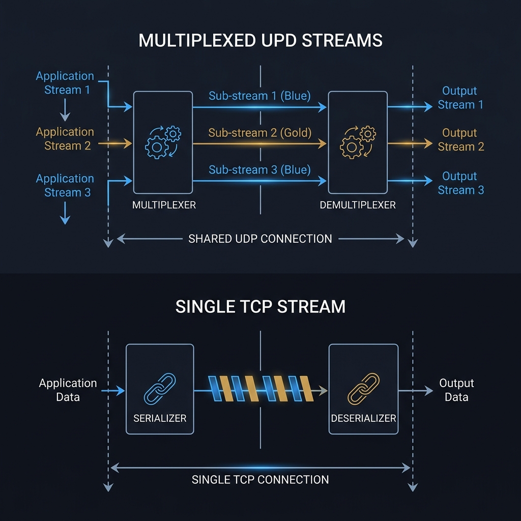 A packet stream diagram contrasting single-stream TCP serialization with multi-stream multiplexing over a UDP-based QUIC connection.