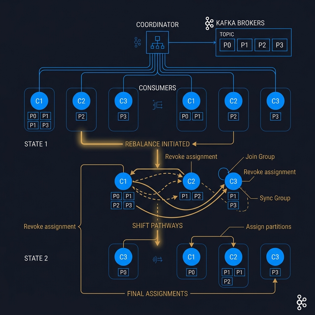 A sequence flow illustrating a consumer group coordinator managing member heartbeats, trigger timeouts, and partition reassignment.