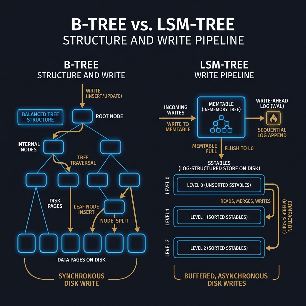 A comparative layout showing the nested index levels of a B-Tree vs the memtable and SSTable write pipeline of an LSM-Tree.