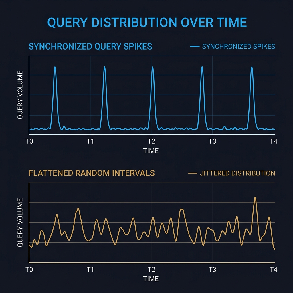 A time-series chart showing synchronized retry spikes versus flattened, randomized request intervals using backoff and jitter.