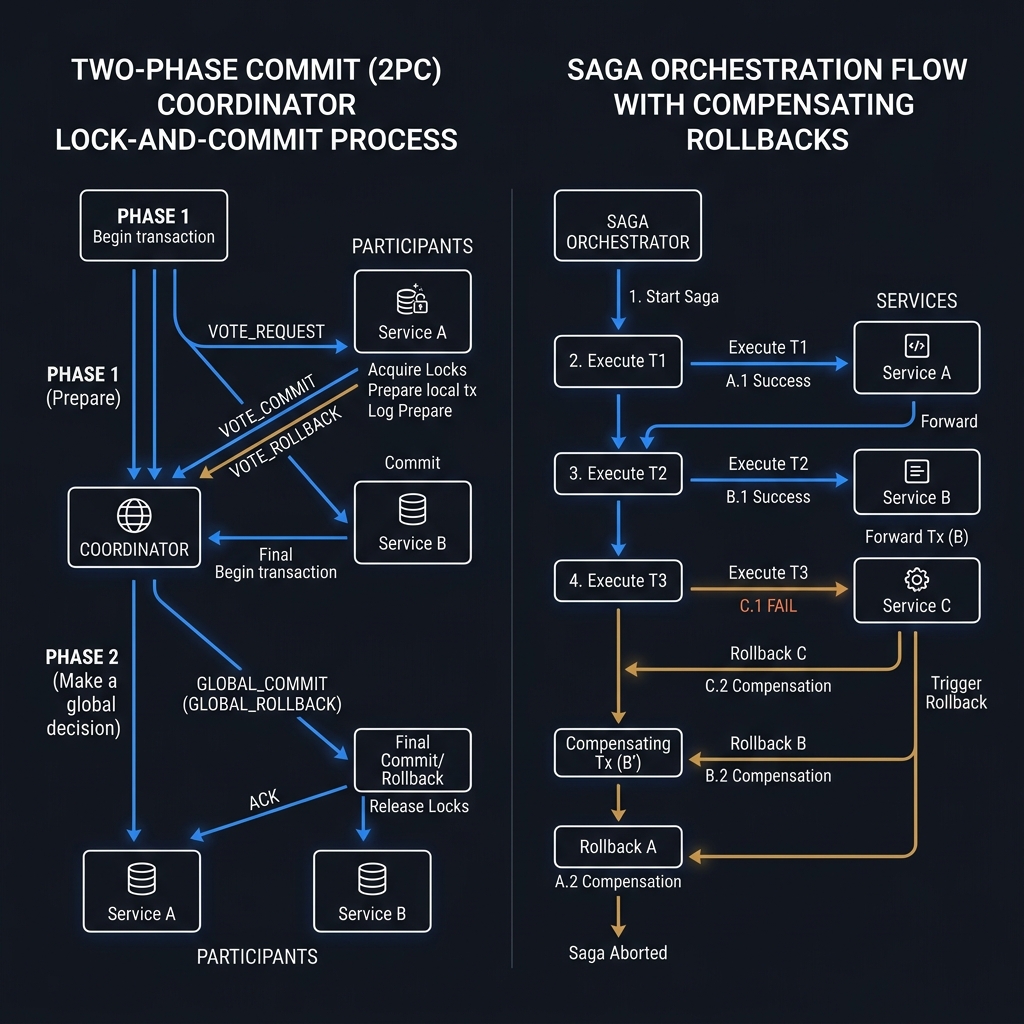 A layout contrasting the coordinate-lock-commit lifecycle of a 2PC with the forward-compensating rollback pipeline of a Saga.