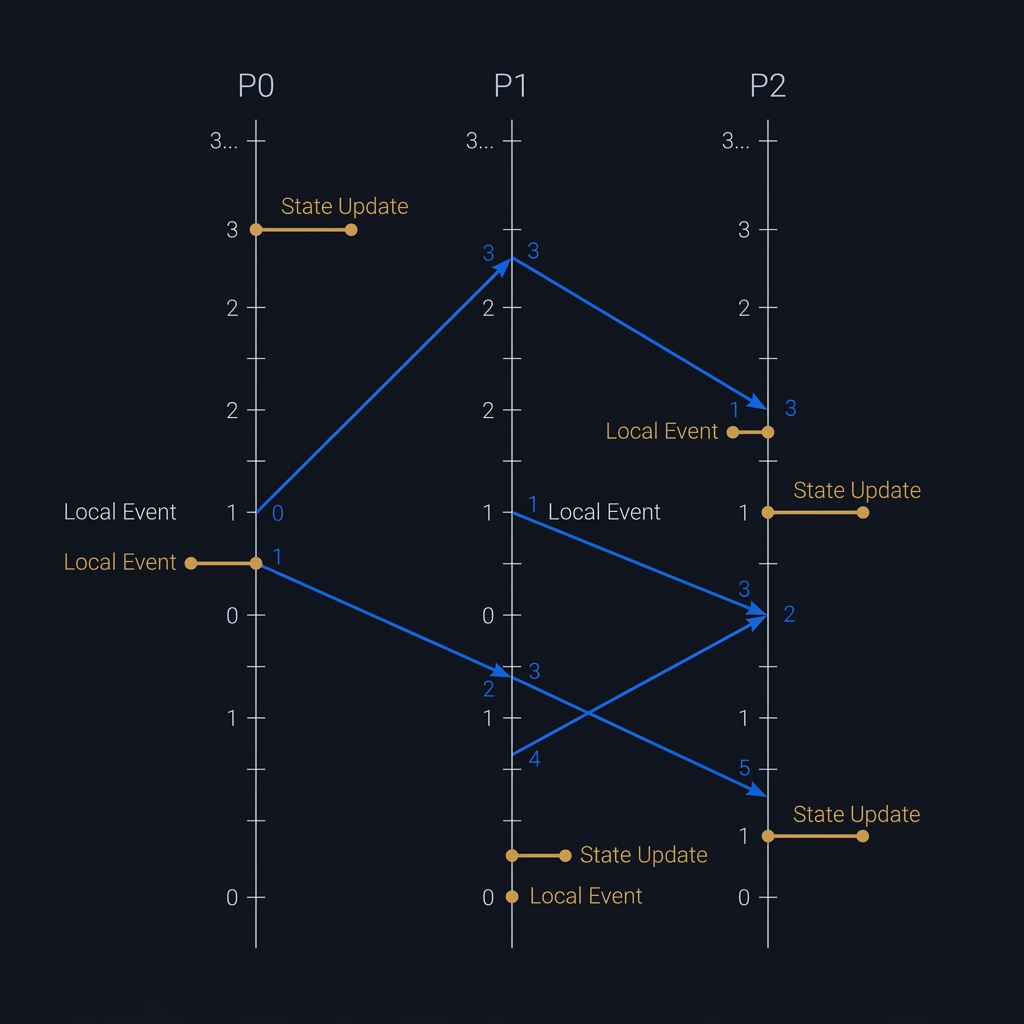 A space-time process diagram showing event lines across three independent nodes and vector clock state modifications.