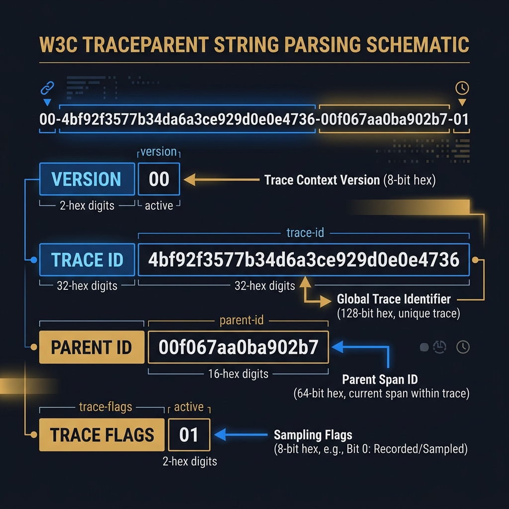 A diagnostic diagram displaying the breakdown of a W3C traceparent string into version, trace ID, parent ID, and trace flags.